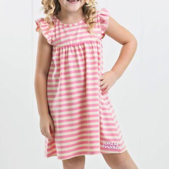 Ruffle Girl Pink & Cream Core Stripe Pearl Dress - Picture 2 of 3